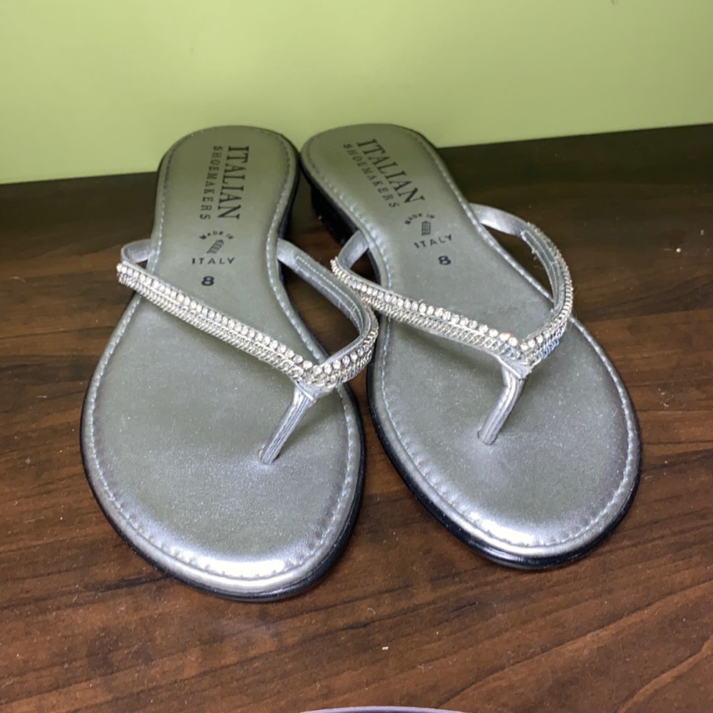 Silver Sparkly Slightly Heeled Flip Flop Sandals Size 8